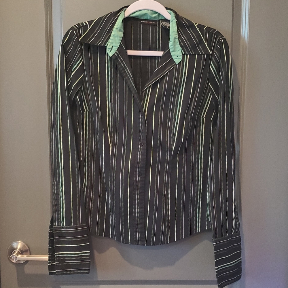 New York & Company Black and Green Striped Blazer